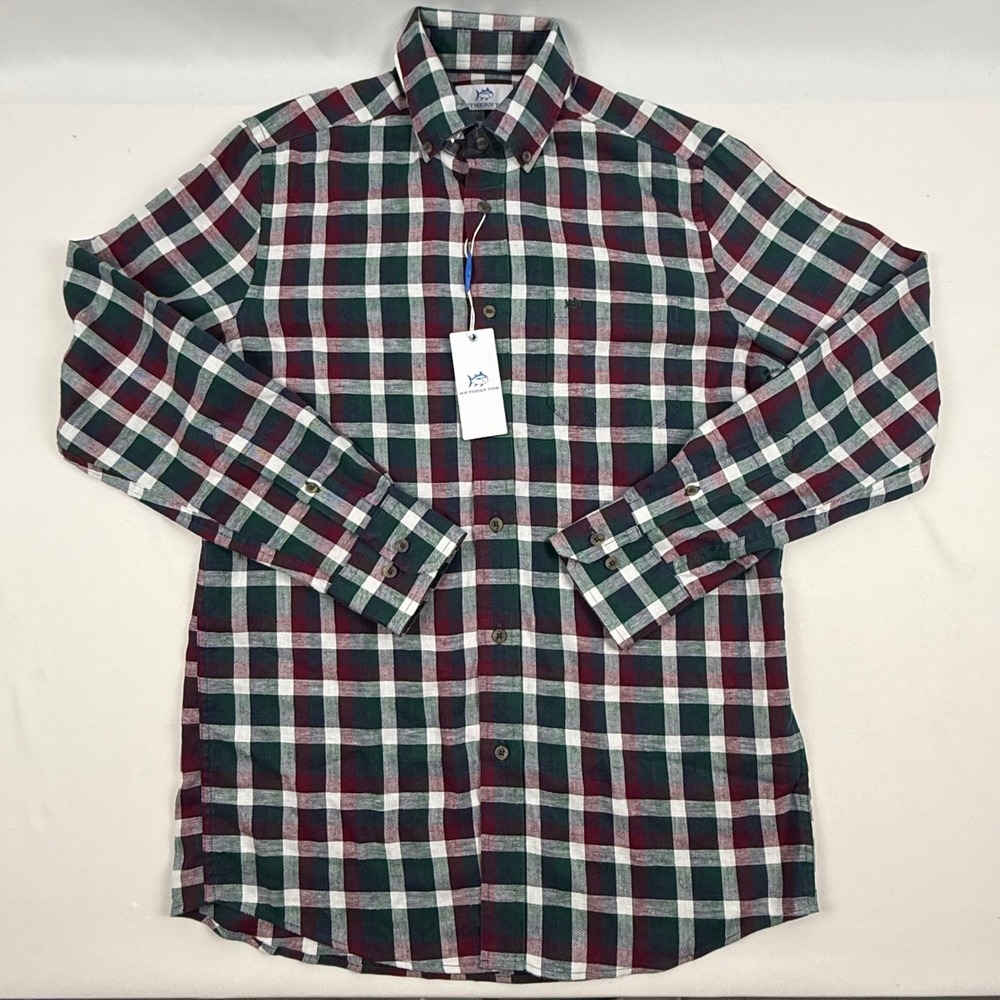 Southern Tide Mens Cobblestone Plaid Beach Flannel Shirt Muscadine Small NEW
